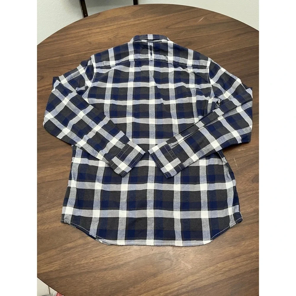 Banana Republic Men's M Luxe Flannel Shirt Untucked Slim Fit Navy Blue Plaid